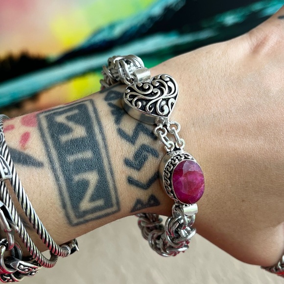 Handmade maille link bracelet . Indian ruby gem clasp heart love boho silver - Picture 8 of 14